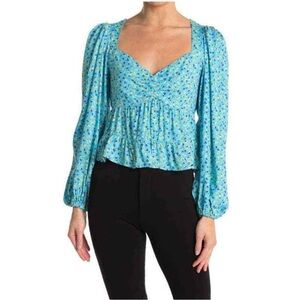 AFRM Soni Crop Top sze M Ditsy Floral Blue Ruched Balloon Sleeve Flowy NWT